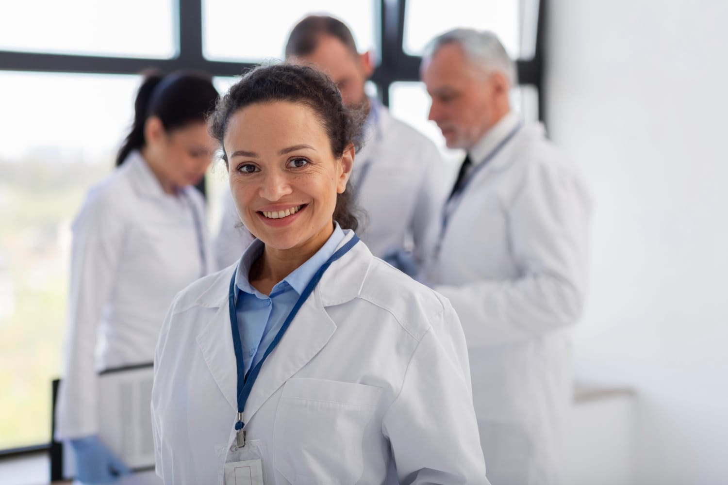 Gestora de um hospital pousando para foto com equipe de médicos hospitalares ao fundo Gestora de um hospital pousando para foto com equipe de médicos hospitalares ao fundo