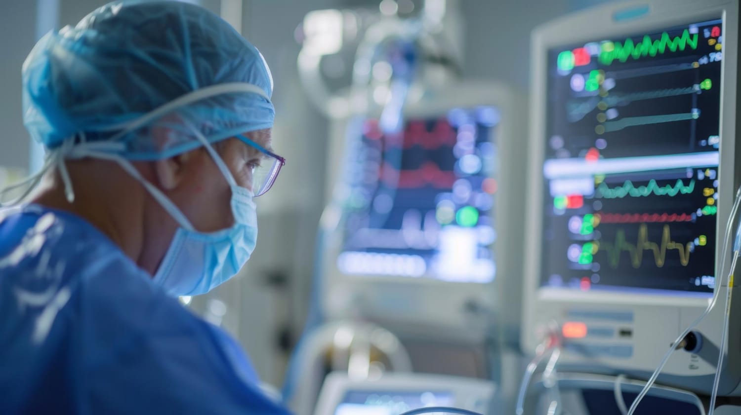 Medico analisando os batimentos de um paciente na UTI Medico analisando os batimentos de um paciente na UTI